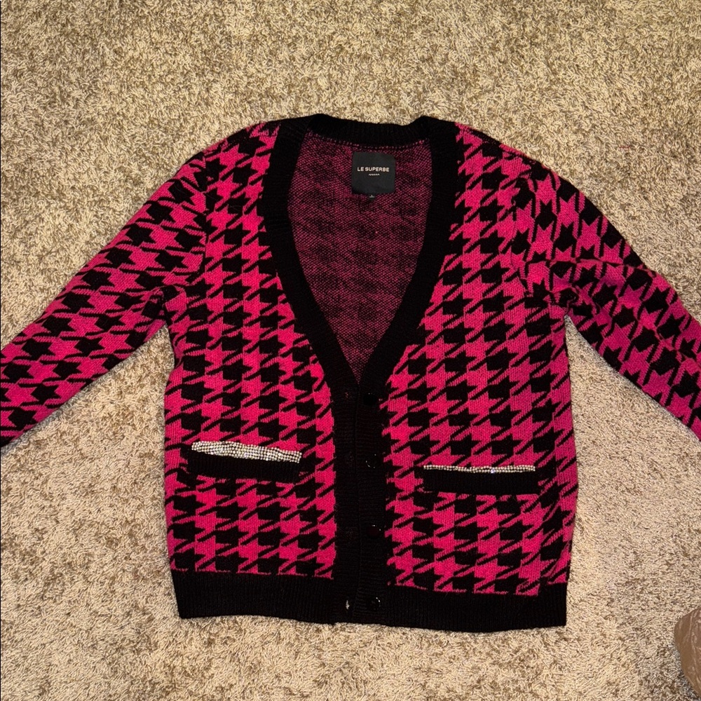 Women's Pink and Black Houndstooth Sweater